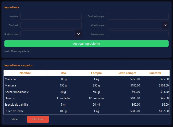 Carga de ingredientes — pantalla real del programa