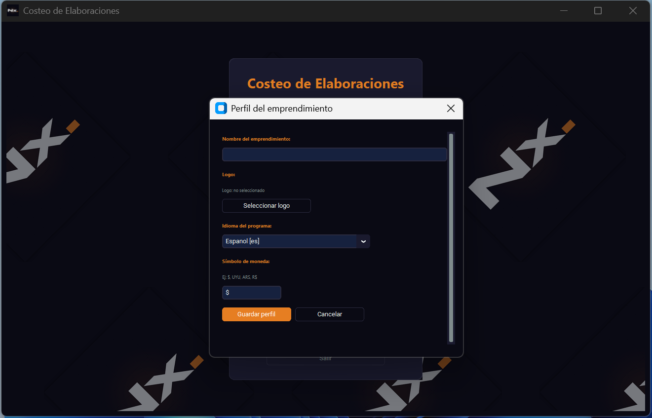Perfil del emprendimiento — nombre, logo, idioma, moneda