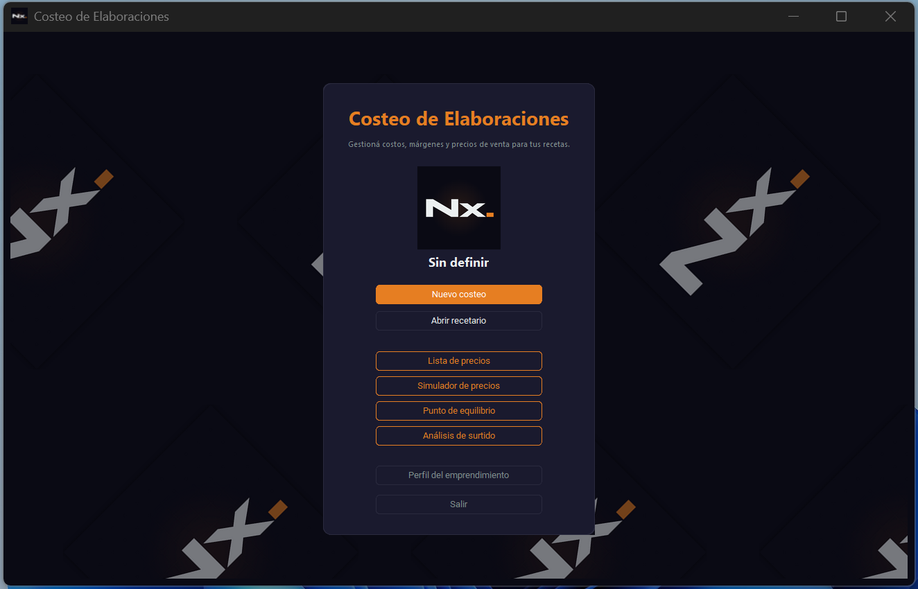 Menú principal del Software de Costeo Norlax — 6 módulos
