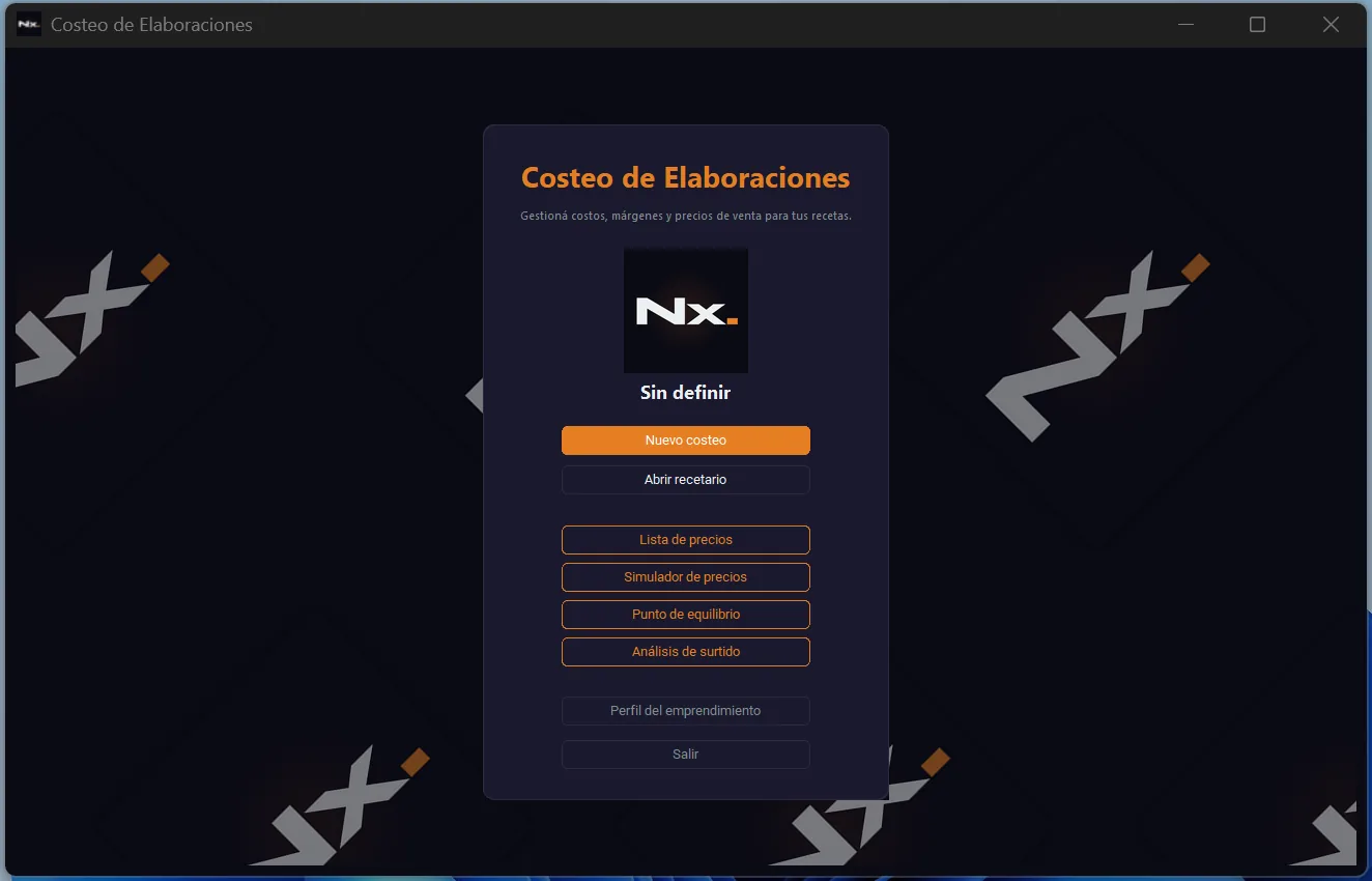 Menú principal del Software de Costeo Norlax — 6 módulos