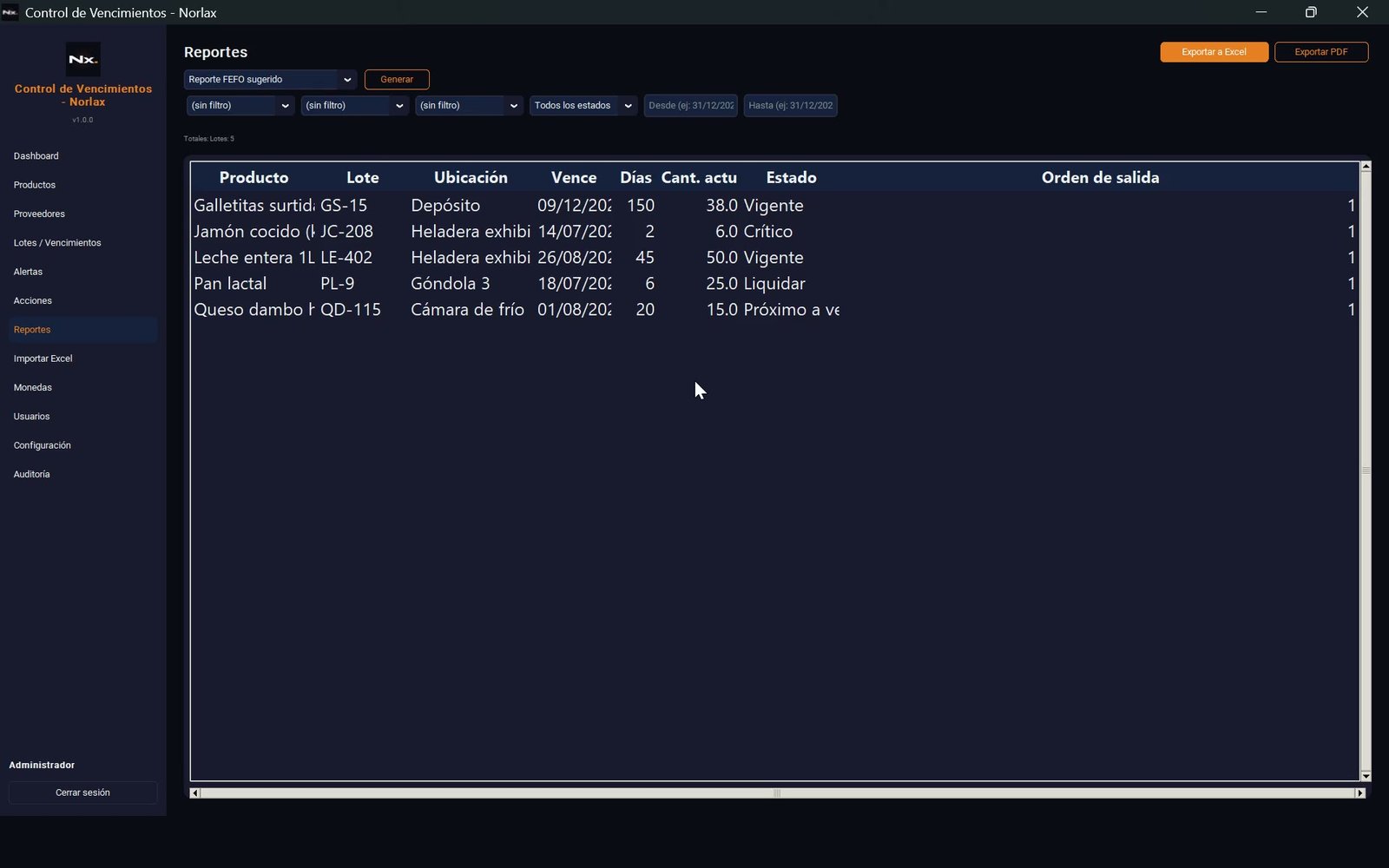 Reportes exportables — reporte FEFO sugerido